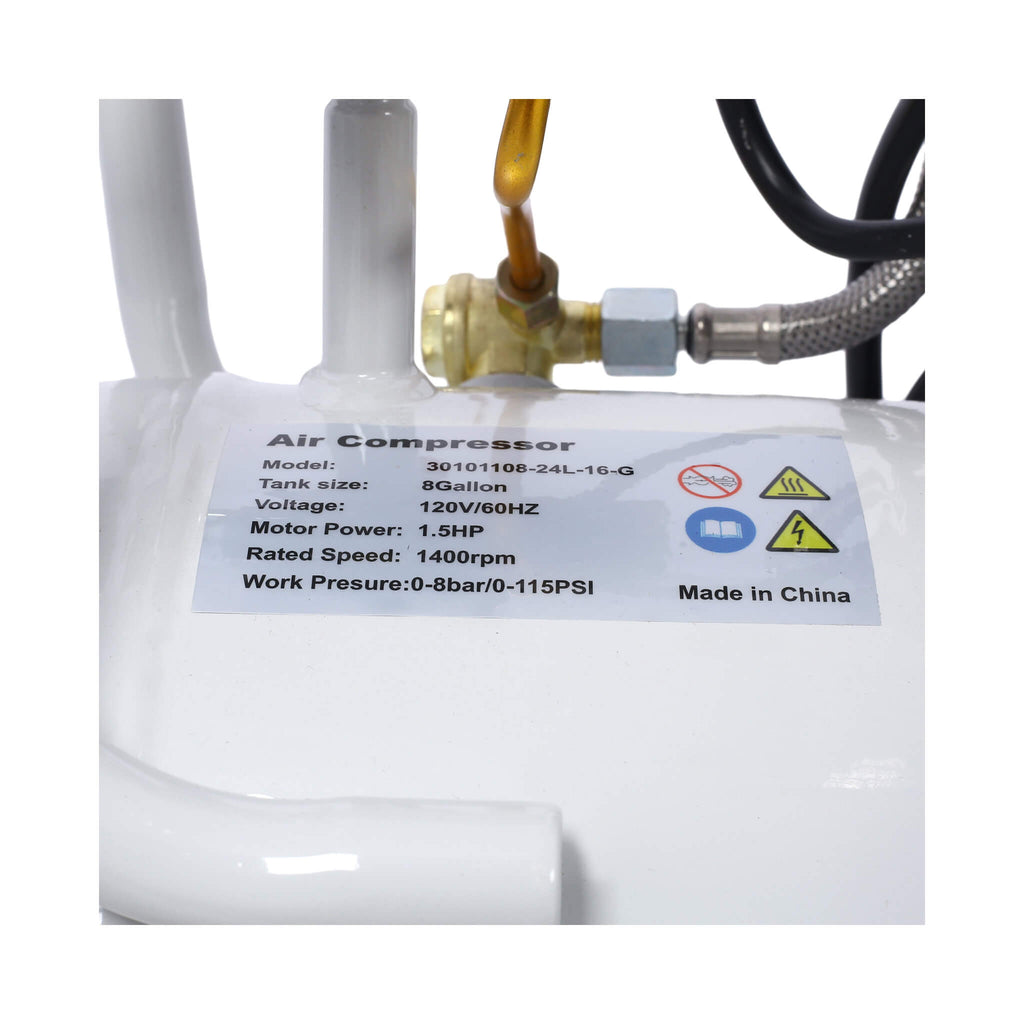 White Air Compressor With Label Detailing Specifications On A White Background