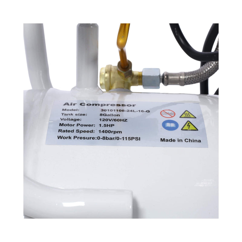 White Air Compressor With Label Detailing Specifications On A White Background