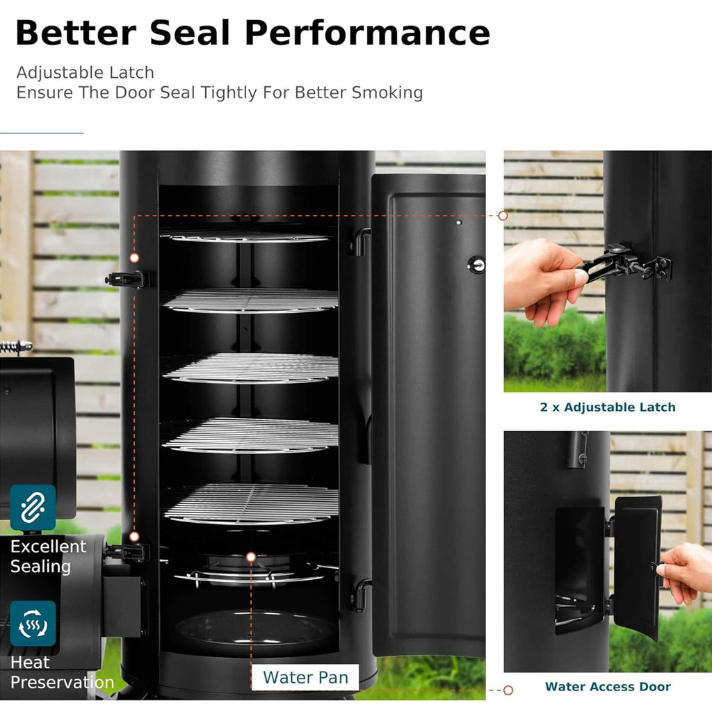 Heavy-Duty Vertical Extra-Large Charcoal Offset BBQ Smoker Grill Combo (SAK80247) - Saksby Wholesale - Adjustable Latch Feature