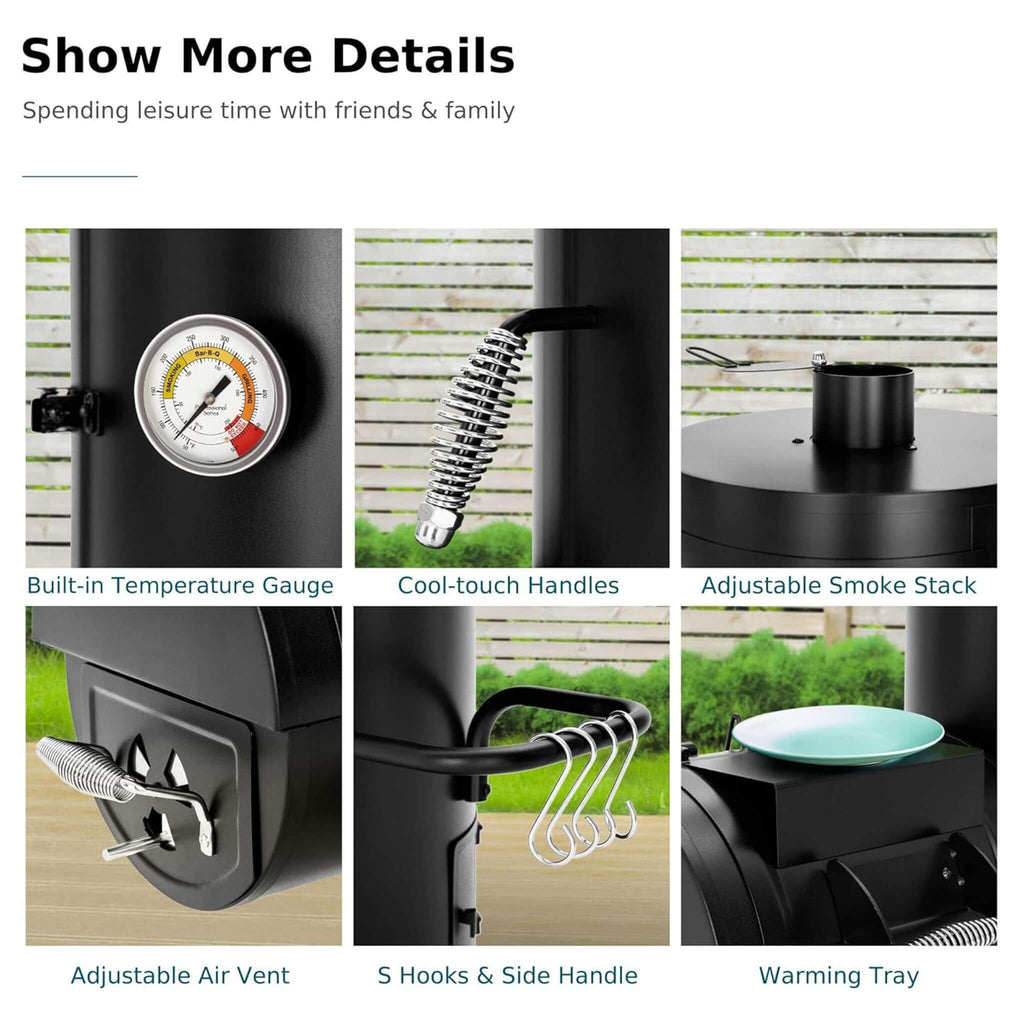 Heavy-Duty Vertical Extra-Large Charcoal Offset BBQ Smoker Grill Combo (SAK80247) - Saksby Wholesale - Product Features