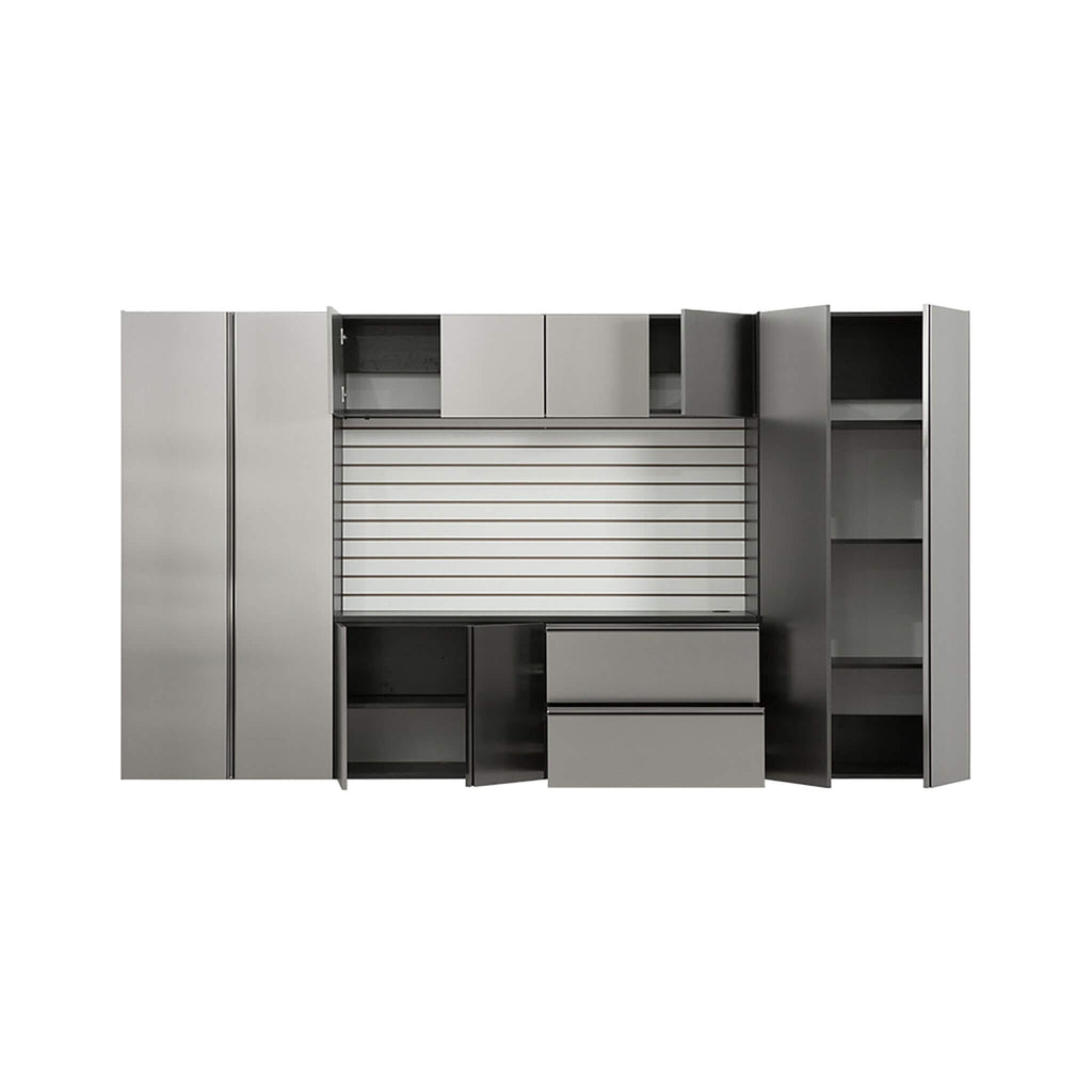 Heavy-Duty Wall-Mounted Metallic Gray Garage Cabinet Set With Soft Closing Doors And Drawers (SAK24368) - Saksby Wholesale - Front View Door Open