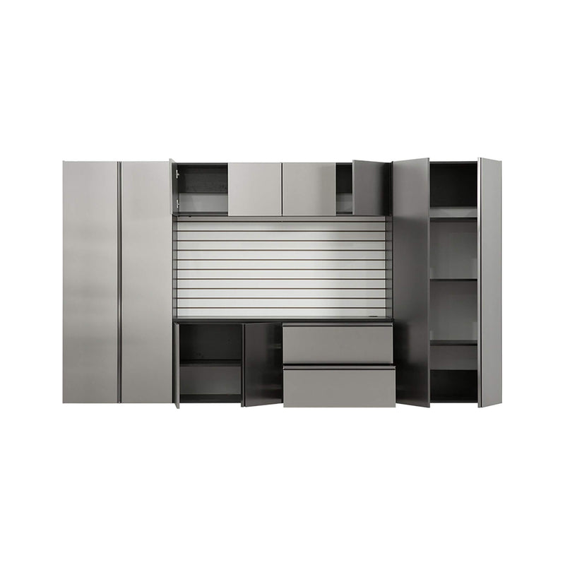 Heavy-Duty Wall-Mounted Metallic Gray Garage Cabinet Set With Soft Closing Doors And Drawers (SAK24368) - Saksby Wholesale - Front View Door Open