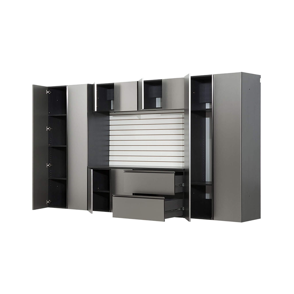 Heavy-Duty Wall-Mounted Metallic Gray Garage Cabinet Set With Soft Closing Doors And Drawers (SAK24368) - Saksby Wholesale - Side View Door Open