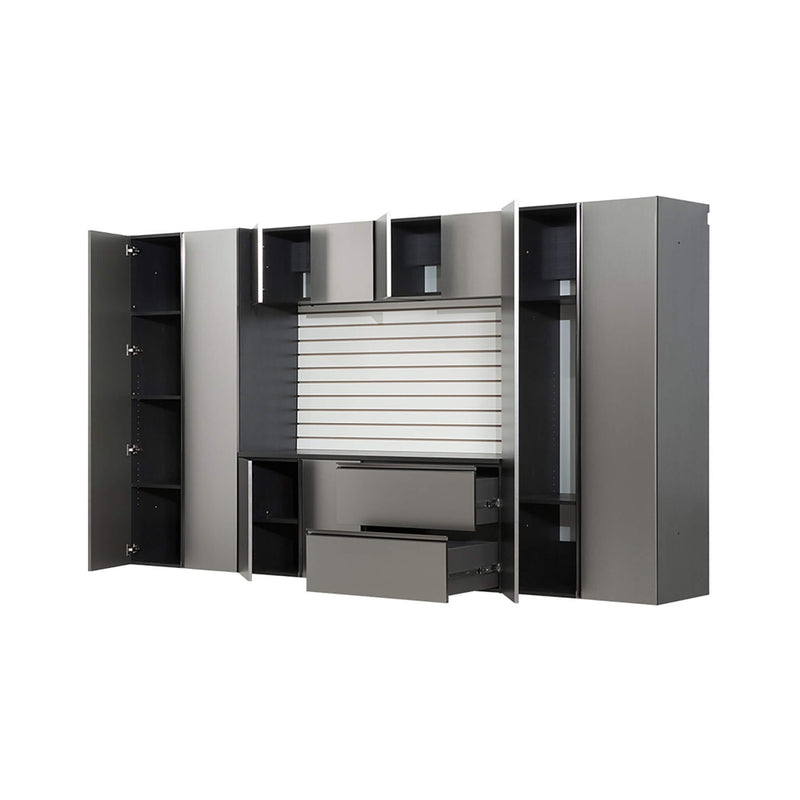 Heavy-Duty Wall-Mounted Metallic Gray Garage Cabinet Set With Soft Closing Doors And Drawers (SAK24368) - Saksby Wholesale - Side View Door Open