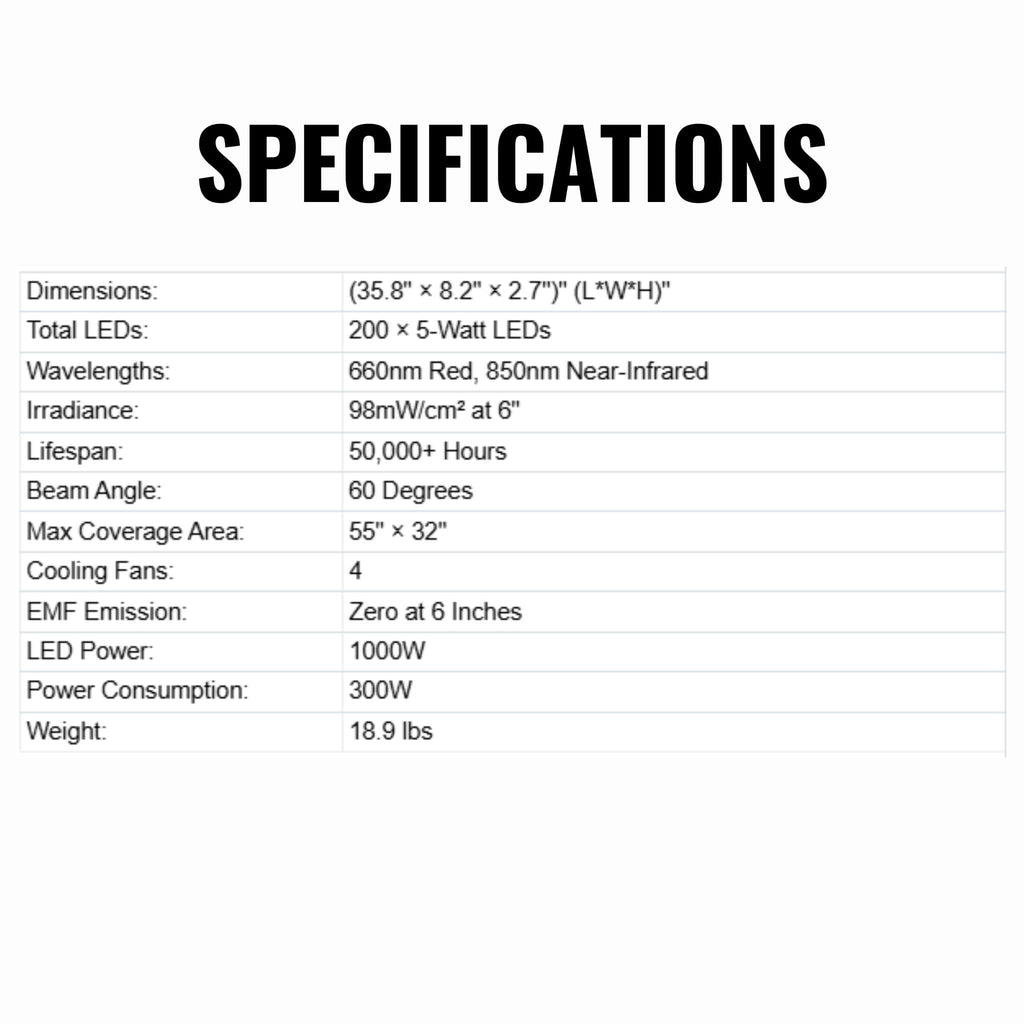 Hooga HG1000 1000W Full-Body Medical Grade Red Light Therapy Panel (SAK15938) - Saksby Wholesale - Specifications