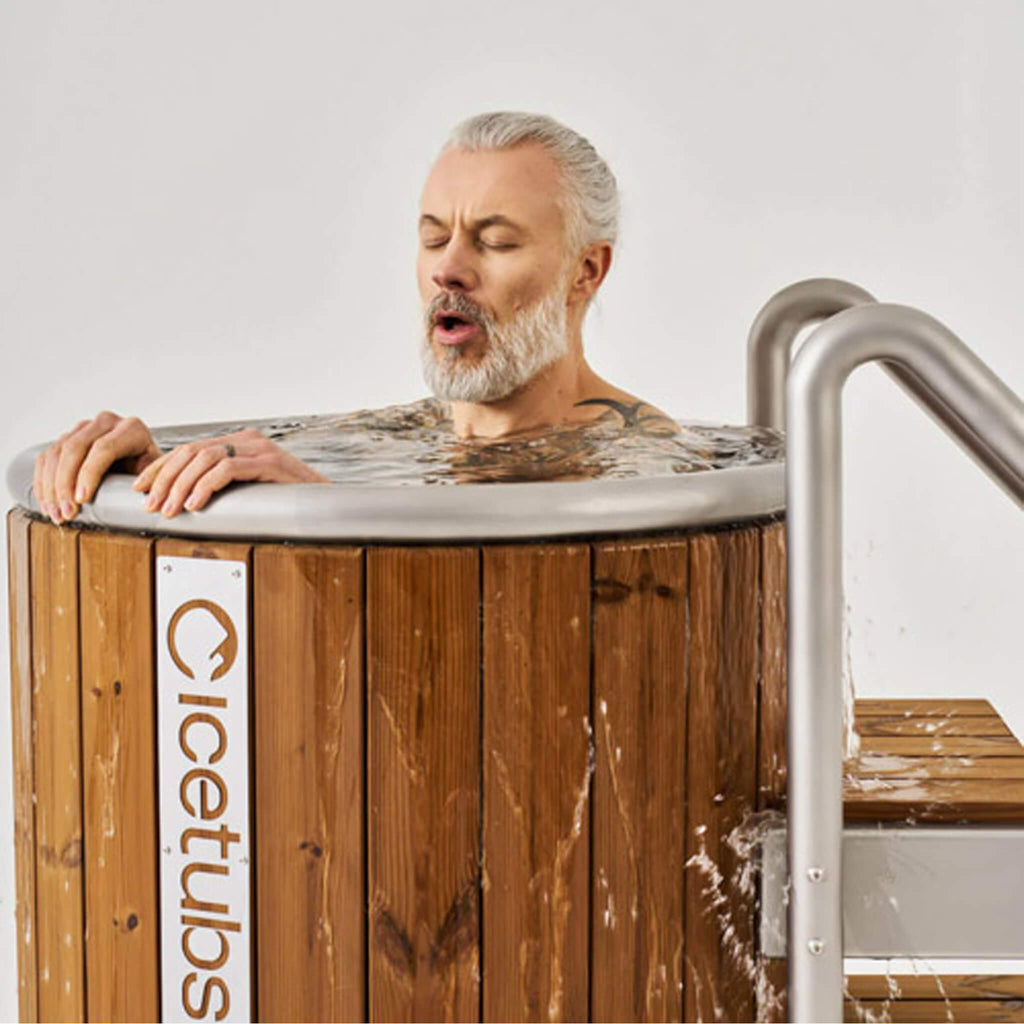 Icetubs IceBarrel Thermowood And Fiberglass Cold Plunge Immersion Tub (SAK68129) - Saksby Wholesale - Lifestyle With Man Inside
