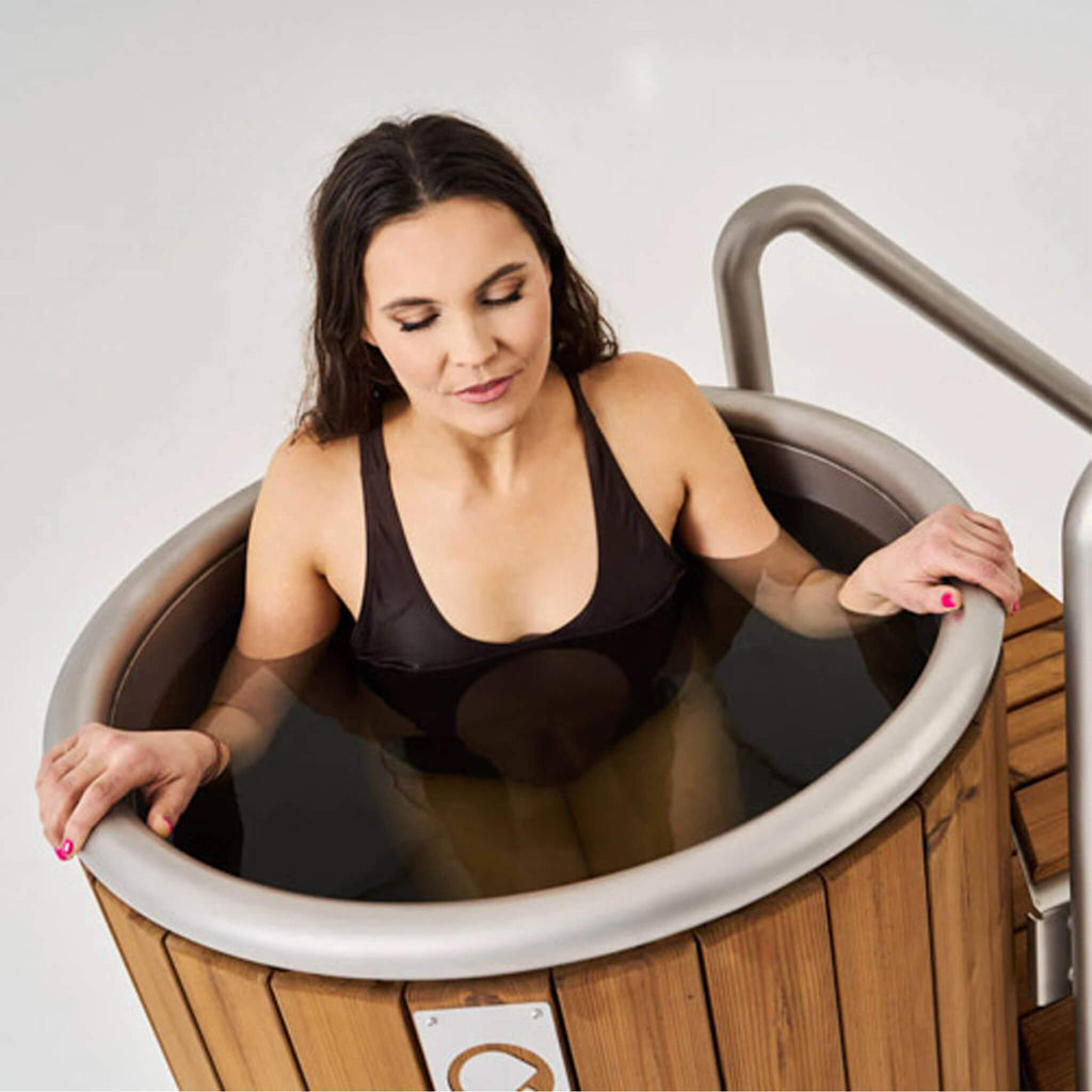 Icetubs IceBarrel Thermowood And Fiberglass Cold Plunge Immersion Tub (SAK68129) - Saksby Wholesale - Lifestyle With Woman Inside