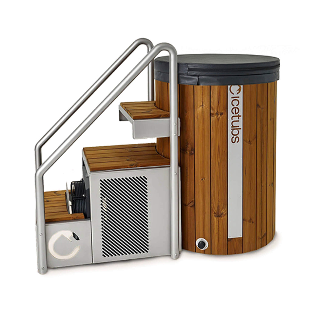 Icetubs IceBarrel Thermowood And Fiberglass Cold Plunge Immersion Tub (SAK68129) - Saksby Wholesale - Side Right View With Stairs And Cover