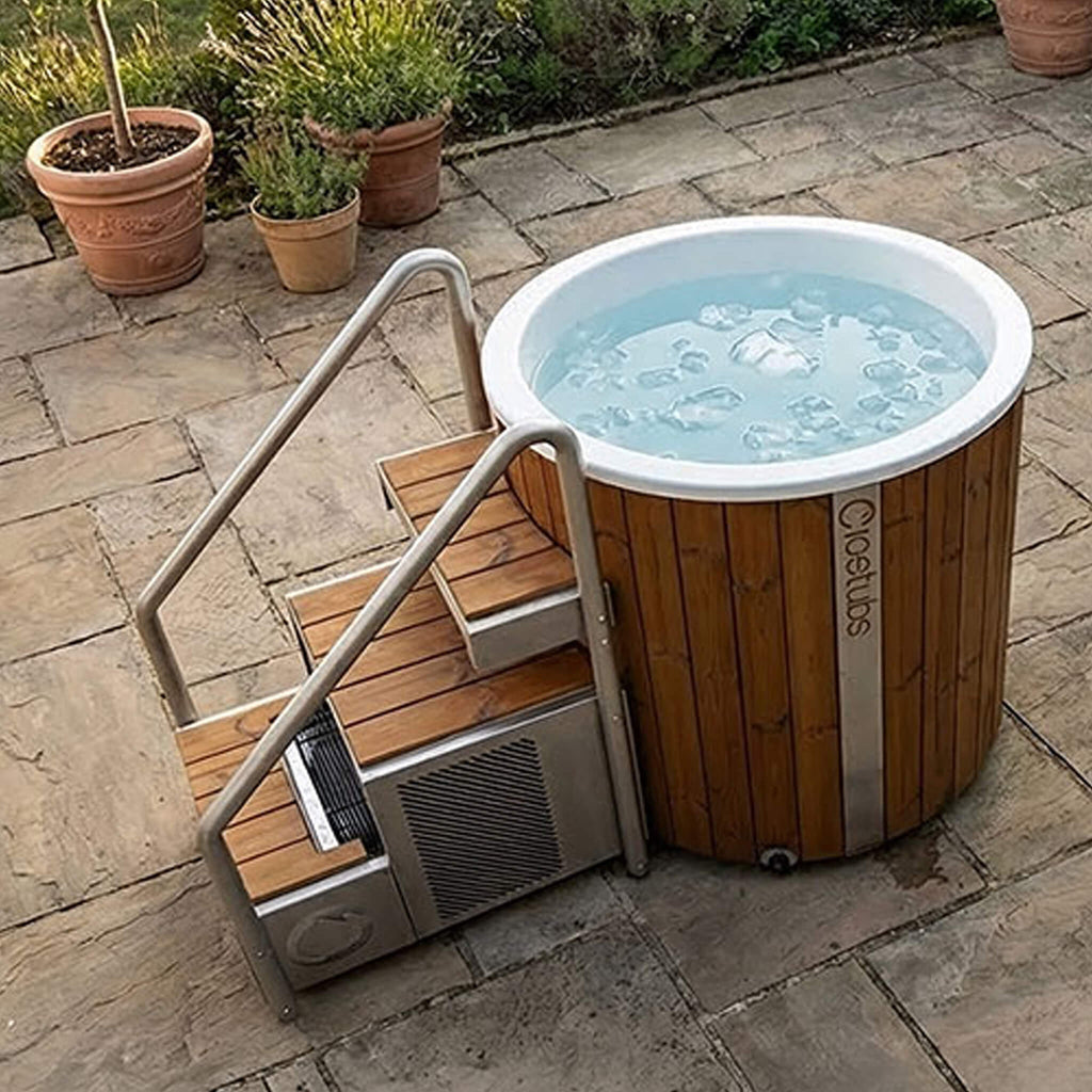 Icetubs IceBarrel XL Thermowood And Fiberglass Cold Plunge Immersion Tub (SAK35418) - Saksby Wholesale - Lifestyle Top View With Stairs