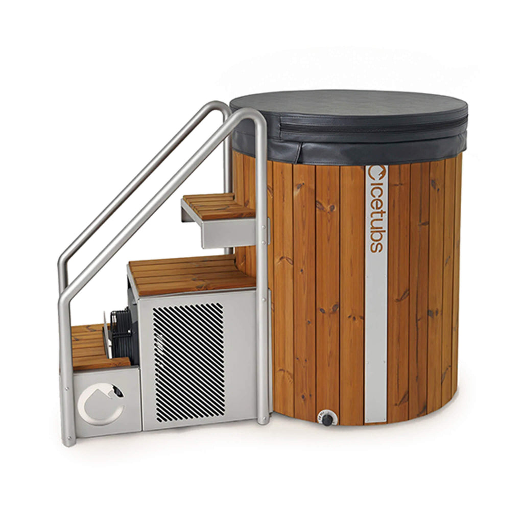 Icetubs IceBarrel XL Thermowood And Fiberglass Cold Plunge Immersion Tub (SAK35418) - Saksby Wholesale - Side Left View With Stairs And Cover