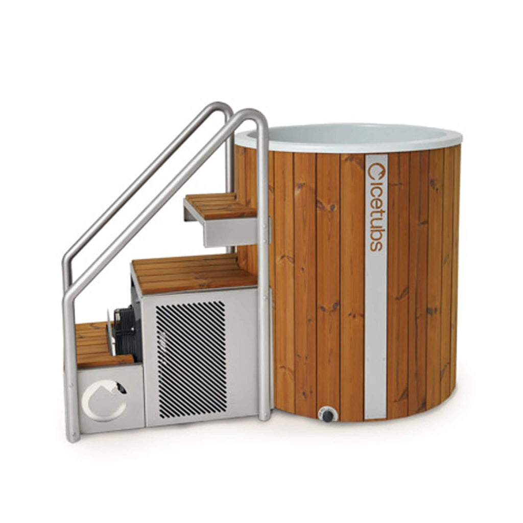 Icetubs IceBarrel XL Thermowood And Fiberglass Cold Plunge Immersion Tub (SAK35418) - Saksby Wholesale - Side Left View With Stairs