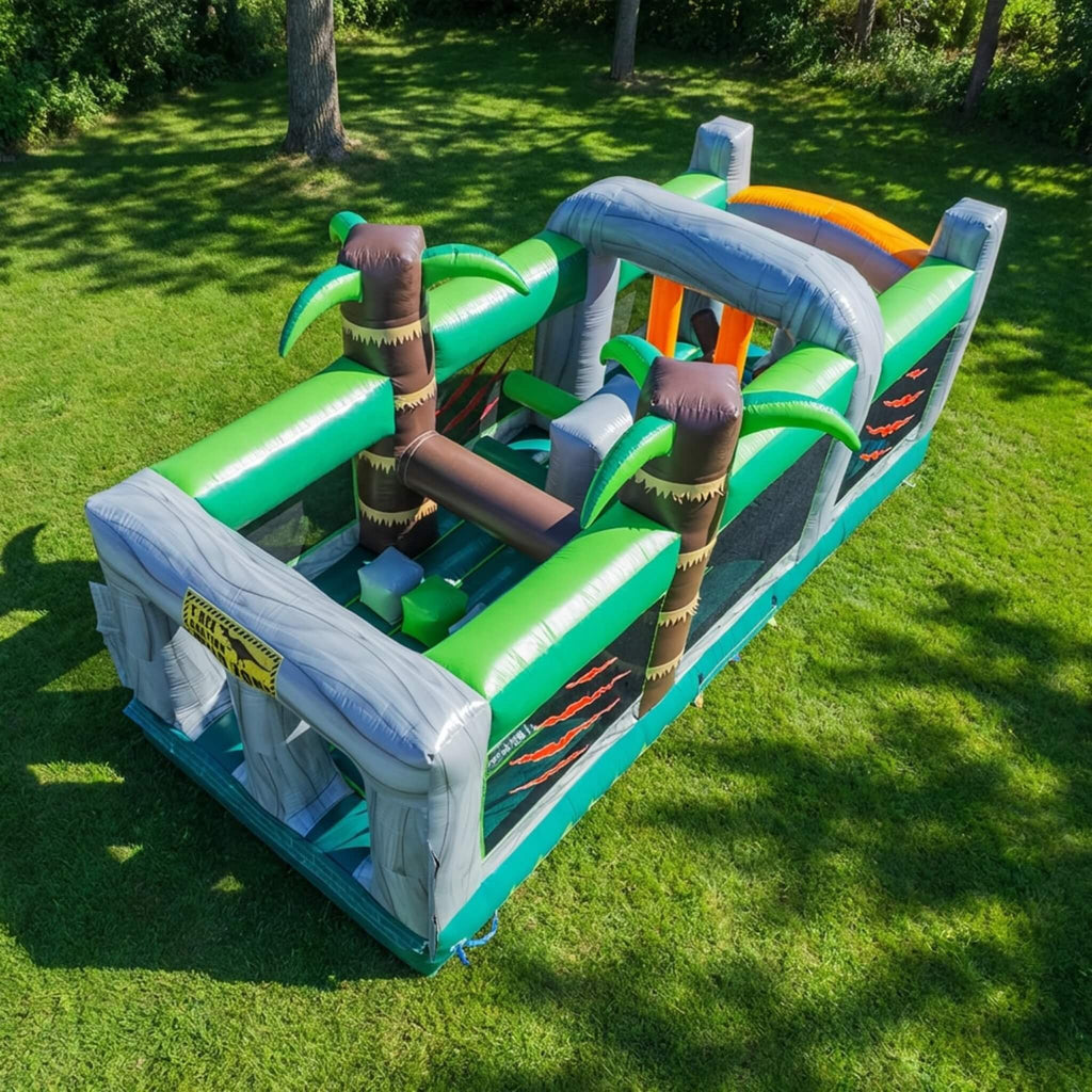 Inflatable 20FT Dinosaur Obstacle Course With Blower (SAK90817) - Saksby Wholesale - Top View In Lifestyle Image