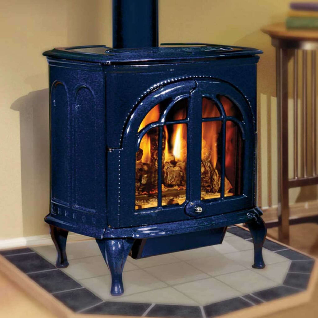 Ironstrike Serefina Modern Freestanding Direct Vent Cast Iron Gas Stove With Protective Sreen [CI1500/1502/1504/2500/2504/2506DVF] (SAK58291) - Saksby Wholesale - Lifestyle Blue Front Right View