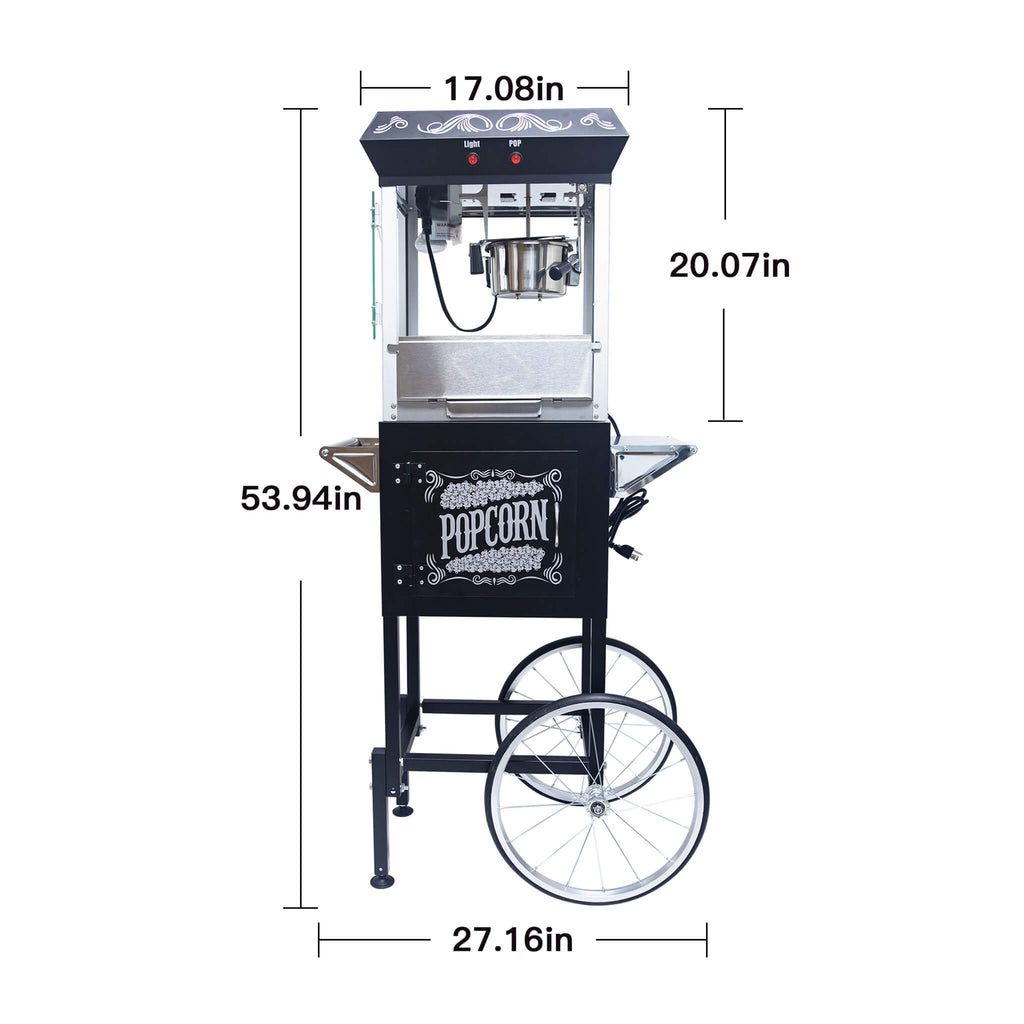 Kaitu 8oz Stainless Steel Popcorn Machine With Cart, Heated Warming Deck, and Old Maids Drawer Black SAK67426 Saksby - Dimensions