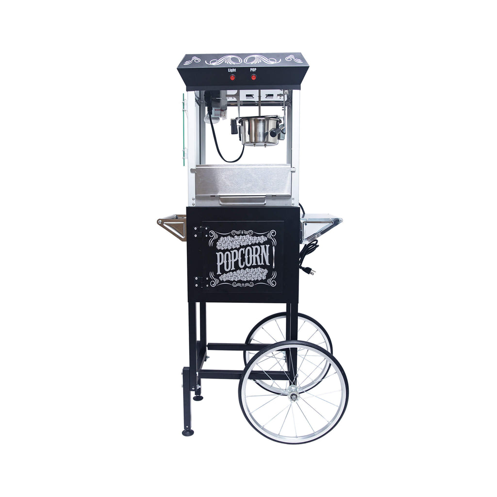 Kaitu 8oz Stainless Steel Popcorn Machine With Cart, Heated Warming Deck, and Old Maids Drawer Black SAK67426 Saksby - Front View