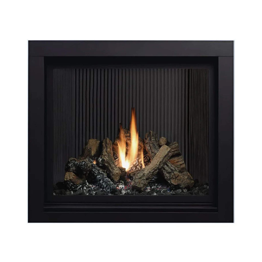 Black-Framed Fireplace With Burning Logs And Flames On A White Background