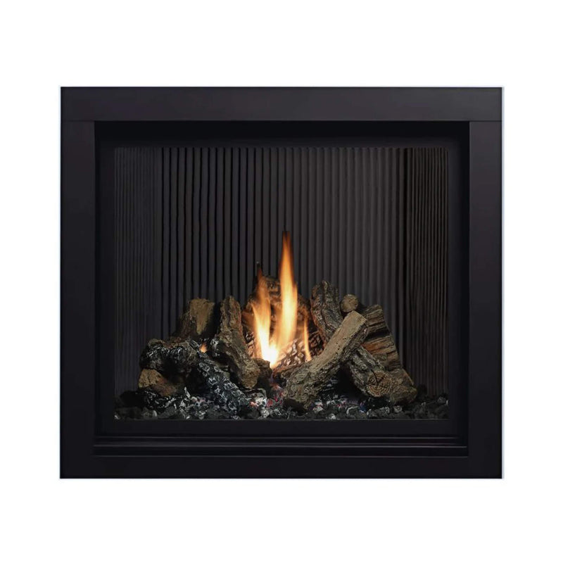 Black-Framed Fireplace With Burning Logs And Flames On A White Background