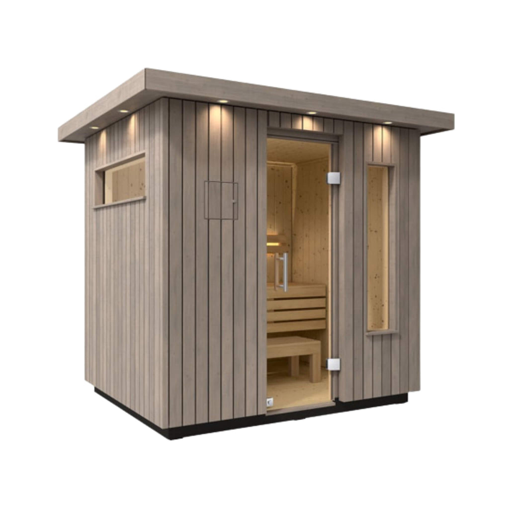 Kohler C2 Outdoor Sauna Weathered Grey Spruce Outdoor Sauna Kit 3 to 6 Person (SAK39184) - Saksby Wholesale - Front Right View