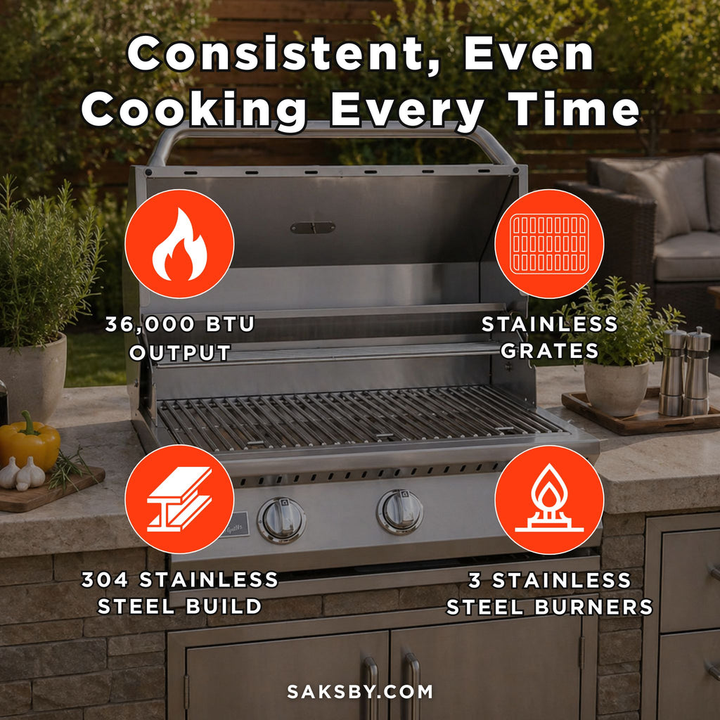 KoKoMo Grills 26-Inch Premium 36K BTU LP/NG 3 Burner Built-In Stainless Steel Gas Grill (SAK82173) - Saksby Wholesale - Features