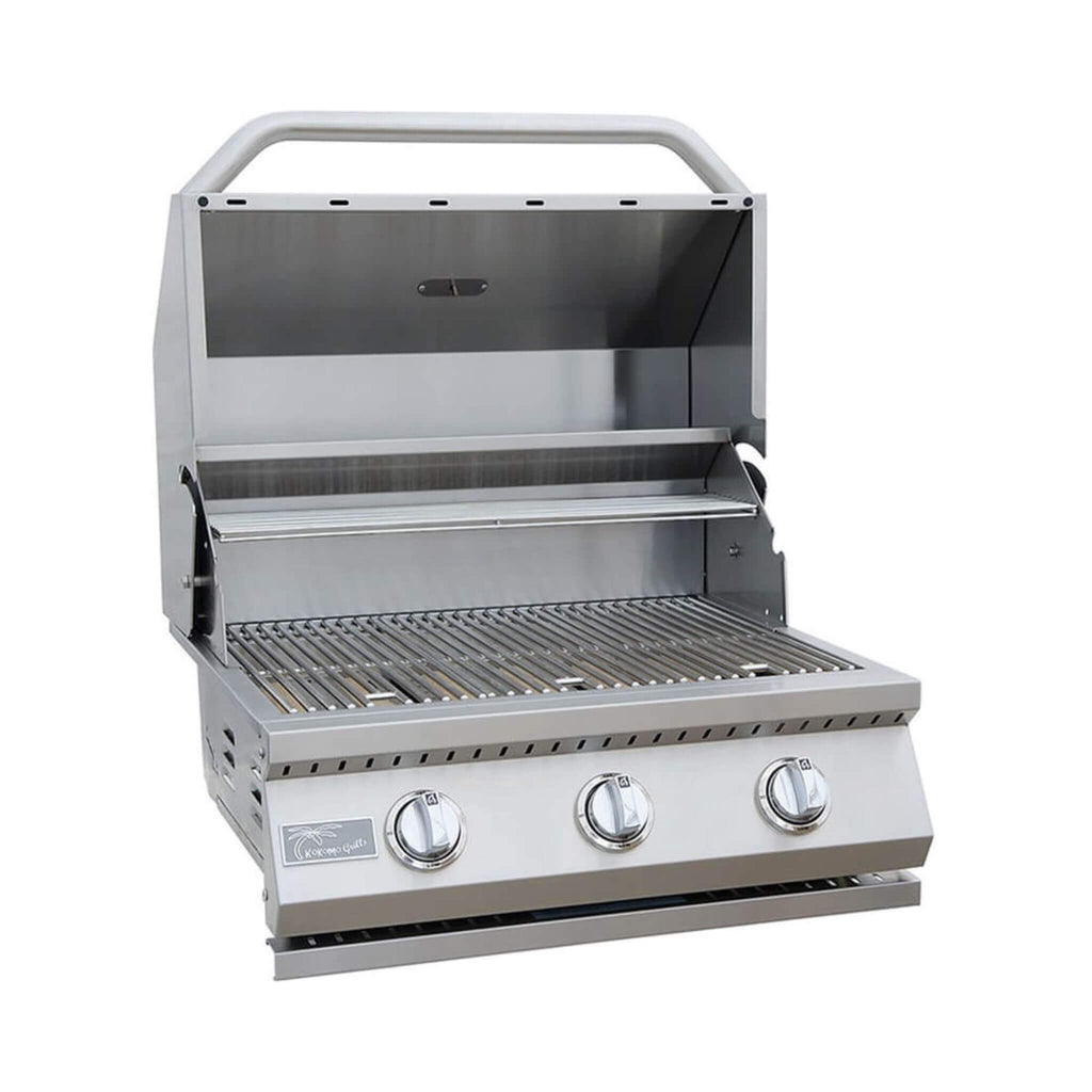 KoKoMo Grills 26-Inch Premium 36K BTU LP/NG 3 Burner Built-In Stainless Steel Gas Grill (SAK82173) - Saksby Wholesale - Front Right View With Open Lid
