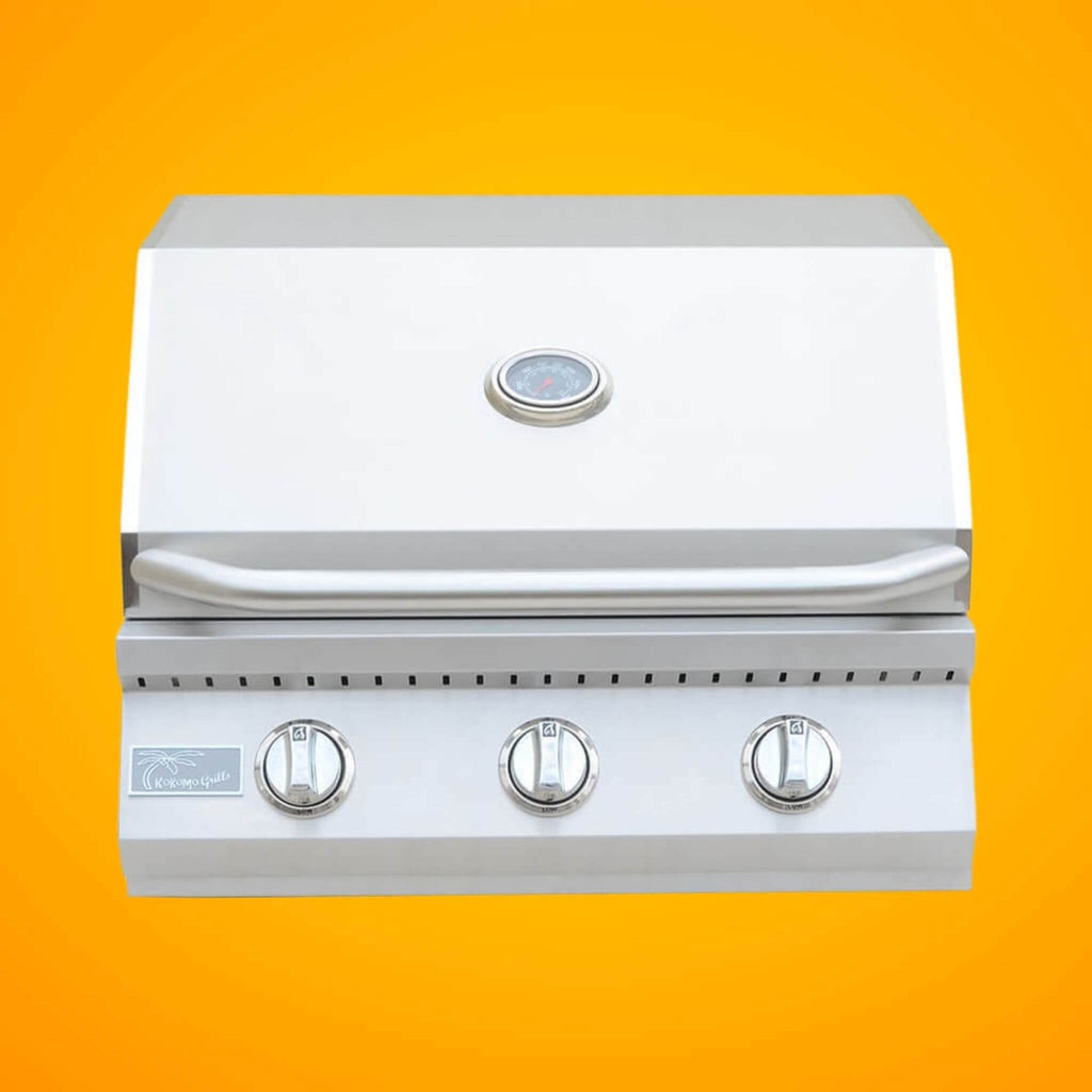 KoKoMo Grills 26-Inch Premium 36K BTU LP/NG 3 Burner Built-In Stainless Steel Gas Grill (SAK82173) - Saksby Wholesale - Front View With Orange Background