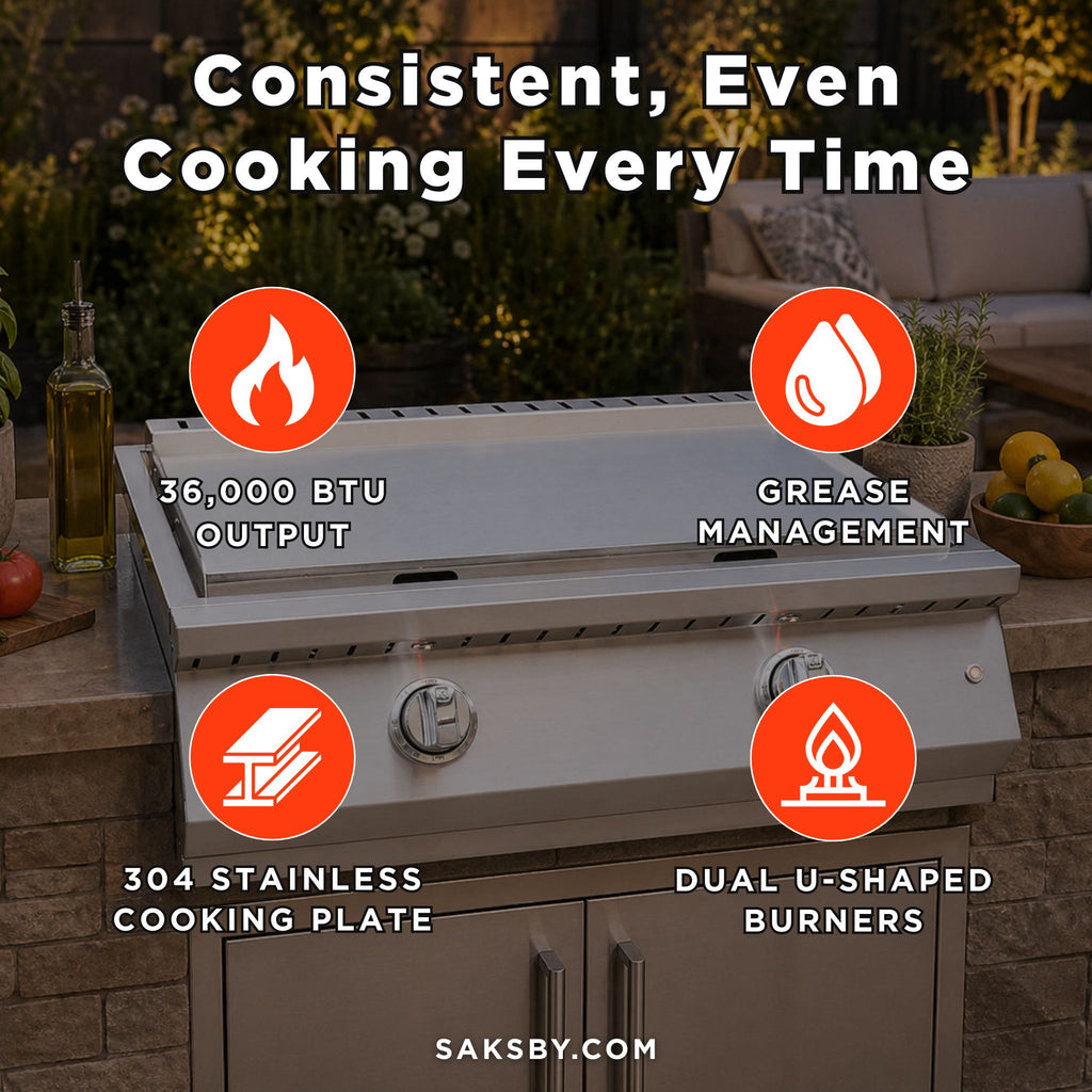 KoKoMo Grills 30-Inch Professional 36K BTU Griddle Outdoor Kitchen Flat Grill With Illuminated Control Knobs (SAK28914) - Saksby Wholesale - Features