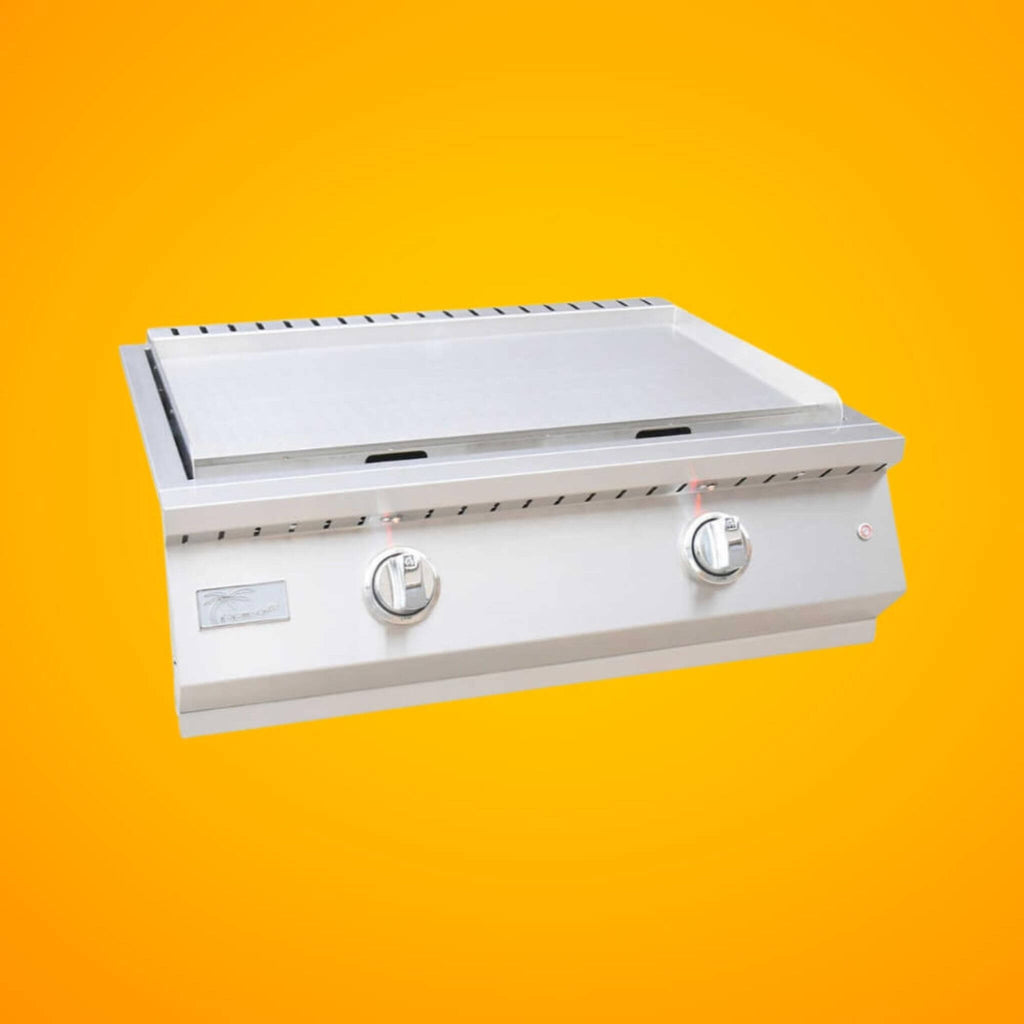 KoKoMo Grills 30-Inch Professional 36K BTU Griddle Outdoor Kitchen Flat Grill With Illuminated Control Knobs (SAK28914) - Saksby Wholesale - Front Right View on Orange Background