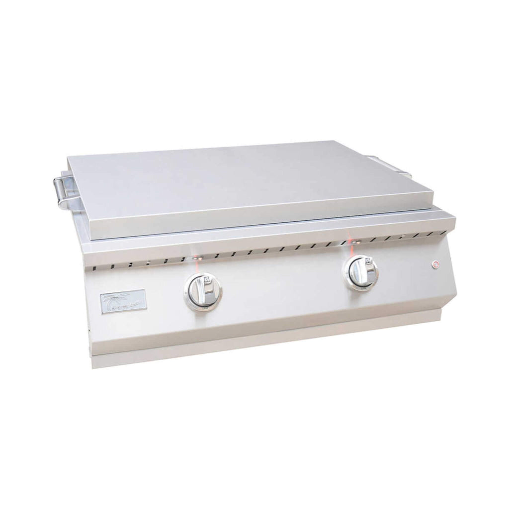 KoKoMo Grills 30-Inch Professional 36K BTU Griddle Outdoor Kitchen Flat Grill With Illuminated Control Knobs (SAK28914) - Saksby Wholesale - Front Right View With Stainless Steel Lid