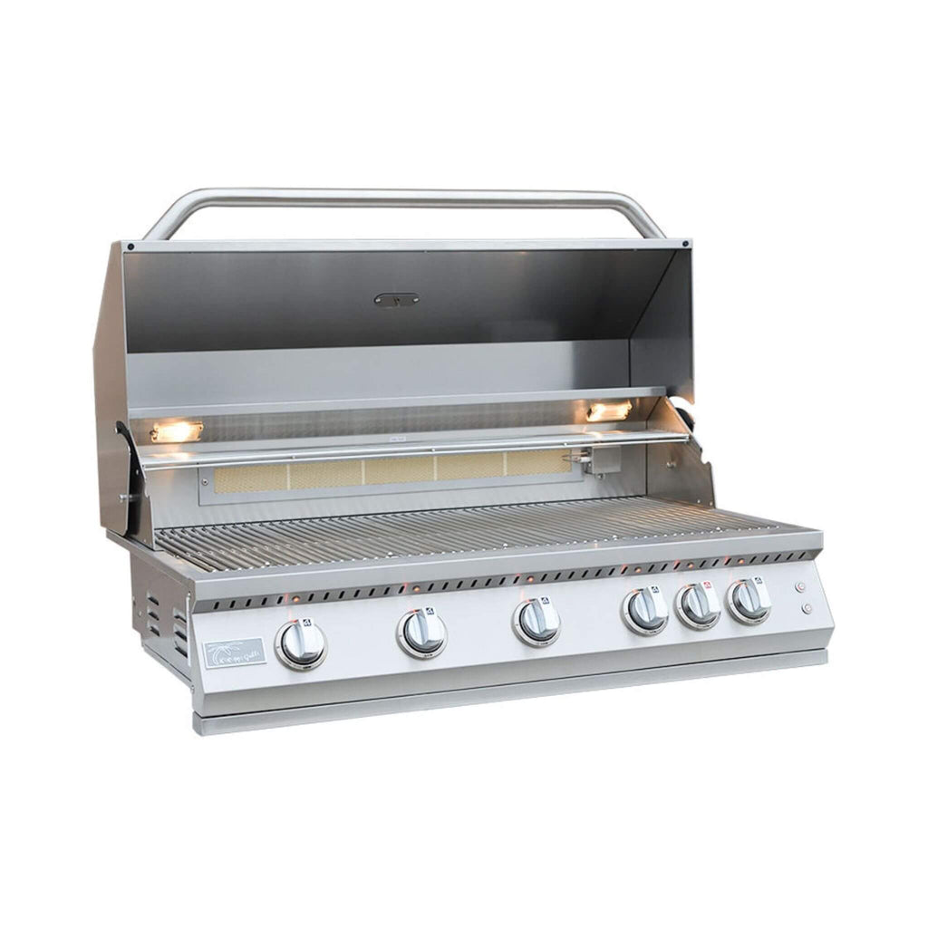 KoKoMo Grills 40-Inch Professional 87K BTU LP NG 5 Burner Built-In Stainless Steel Gas Grill (SAK75364) - Saksby Wholesale - Front Right View With Open Lid