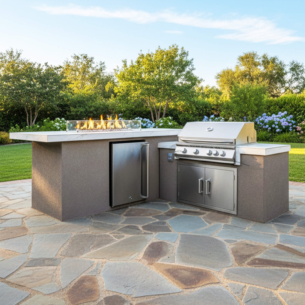 Kokomo Grills Baja BBQ Island With LEDs Built In BBQ And Refrigerator SAK85739 - Lifestyle Front View On Patio