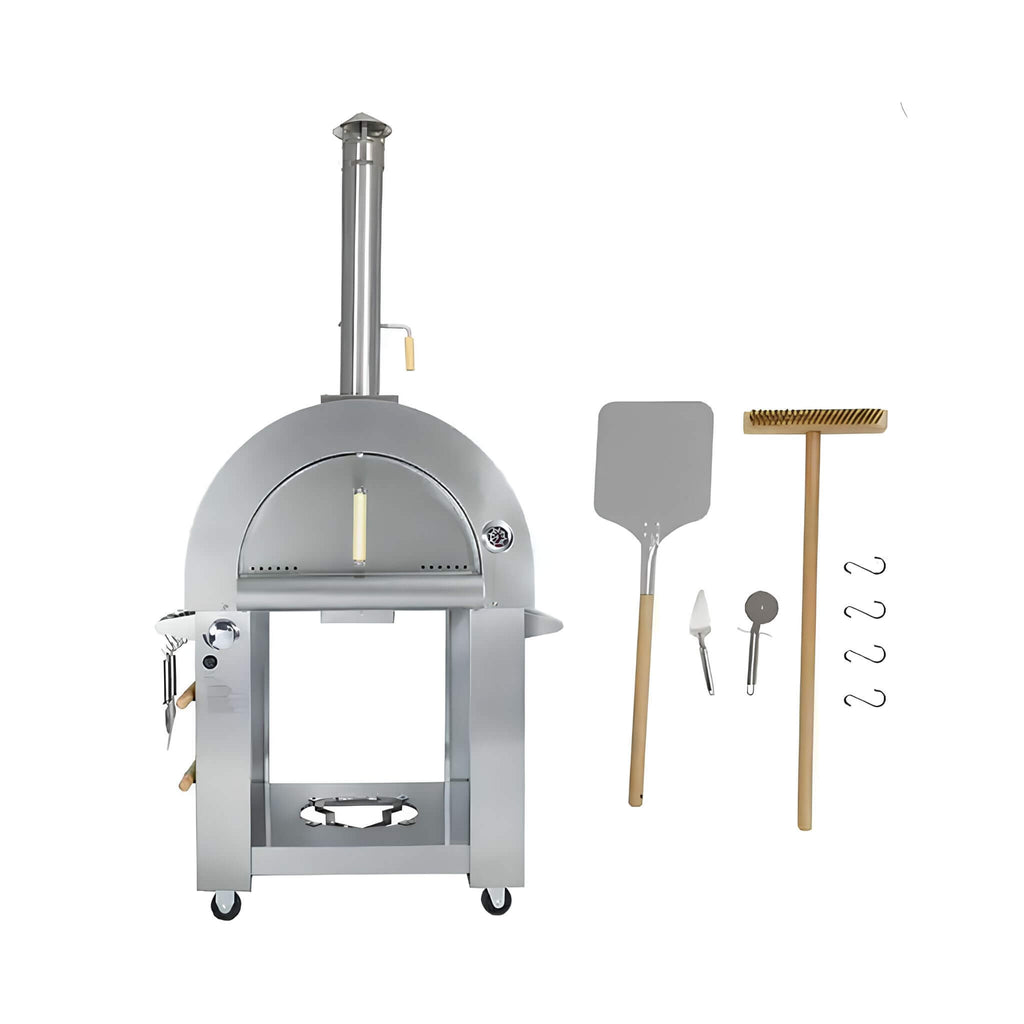 KoKoMo Grills Premium 32-Inch Stainless Steel Dual Fuel Gas Or Wood Fired Pizza Oven [KO-PIZZAOVEN] (SAK14753) - Saksby Wholesale - Front View With Accessories