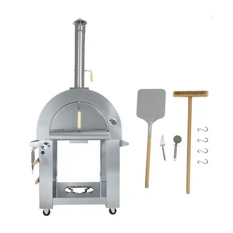 KOKOMO GRILLS Premium 32 Inch Stainless Steel Dual Fuel Gas Or Wood Fired Pizza Oven (SAK14753) Front Side View With Accessories