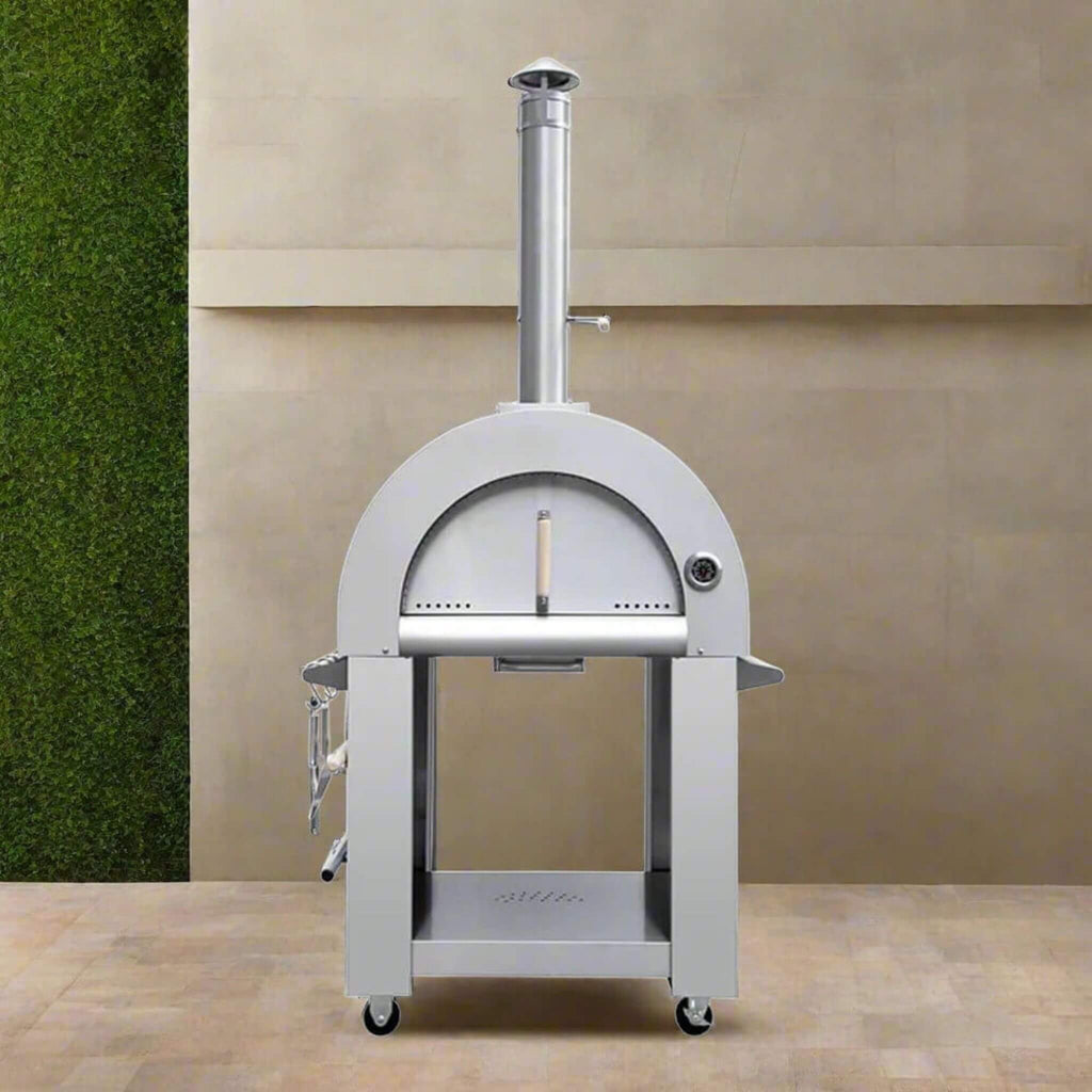 KoKoMo Grills Premium 32-Inch Stainless Steel Wood Fired Pizza Oven [KO-PIZZAOVEN] (SAK92618) - Saksby Wholesale - Front View Lifestyle Image