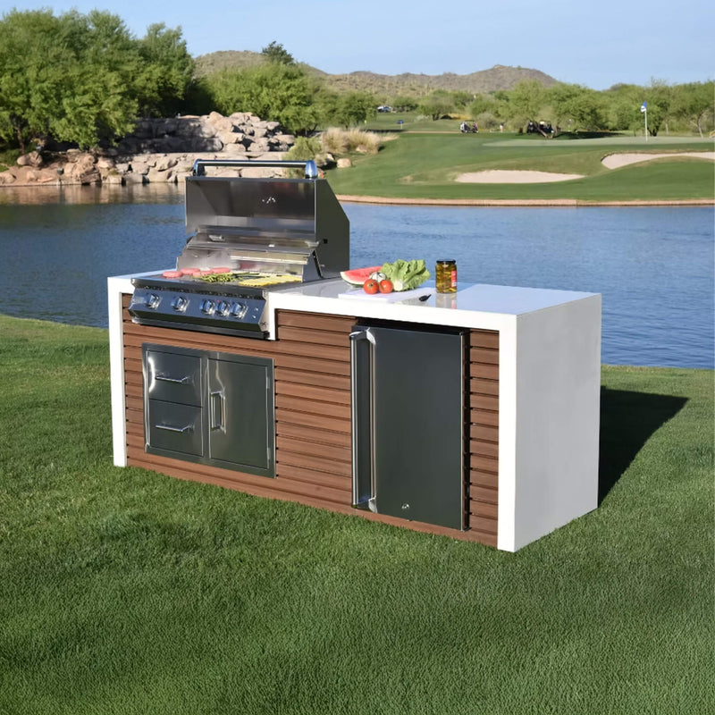 Kokomo Grills Professional Shiplap Outdoor Kitchen Island With Waterfall Edge Built In Grill And Refrigerator SAK65125 - Lifestyle Front Left Corner View On Grass