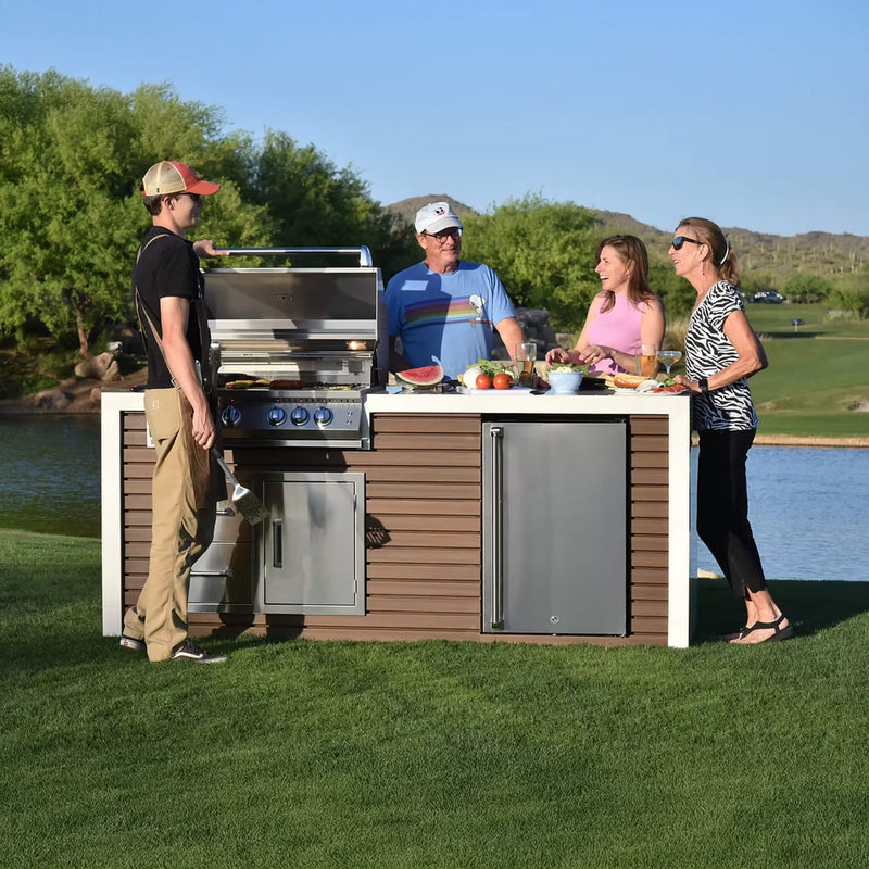 Kokomo Grills Professional Shiplap Outdoor Kitchen Island With Waterfall Edge Built In Grill And Refrigerator SAK65125 Lifestyle Front View On Grass With People