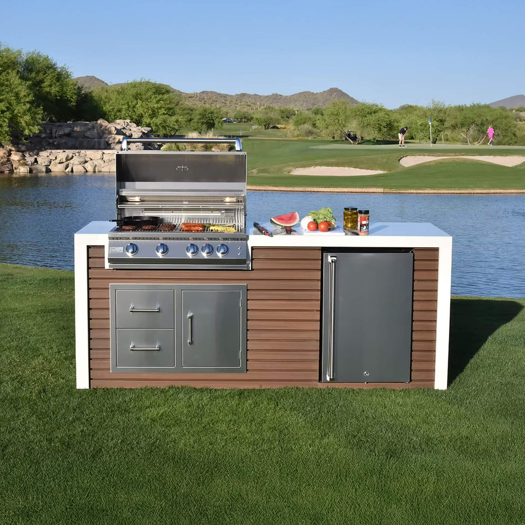 Kokomo Grills Professional Shiplap Outdoor Kitchen Island With Waterfall Edge Built In Grill And Refrigerator SAK65125 - Lifestyle Front View On Grass
