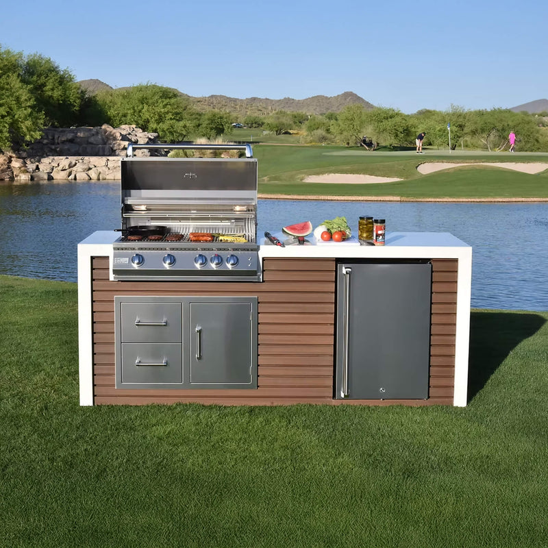 Kokomo Grills Professional Shiplap Outdoor Kitchen Island With Waterfall Edge Built In Grill And Refrigerator SAK65125 - Lifestyle Front View On Grass