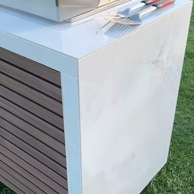 Kokomo Grills Professional Shiplap Outdoor Kitchen Island With Waterfall Edge Built In Grill And Refrigerator SAK65125 Lifestyle Of Waterfall Edge