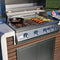 Kokomo Grills Professional Shiplap Outdoor Kitchen Island With Waterfall Edge Built In Grill And Refrigerator SAK65125 Lifestyle With Grill Lid Opened