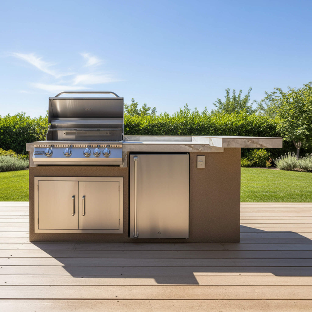 Kokomo Grills St John BBQ Island With LEDs Built In BBQ And Refrigerator (SAK91568) - Saksby Wholesale - Lifestyle Front View On Patio