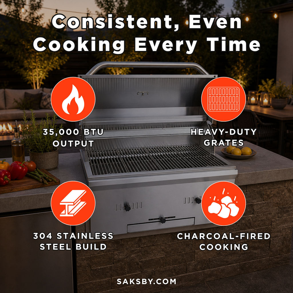 KoKoMo Grills Premium Built-In Charcoal Grill With 304 Stainless Steel And Adjustable Heat Tray, 32" (SAK32504) - Saksby Wholesale - Features