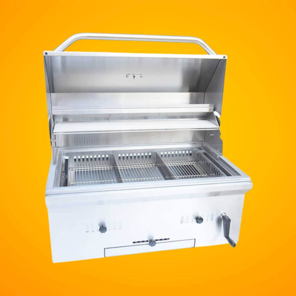 KoKoMo Grills Premium Built-In Charcoal Grill With 304 Stainless Steel And Adjustable Heat Tray, 32" (SAK32504) - Saksby Wholesale - Front View With Open Lid on Orange Background