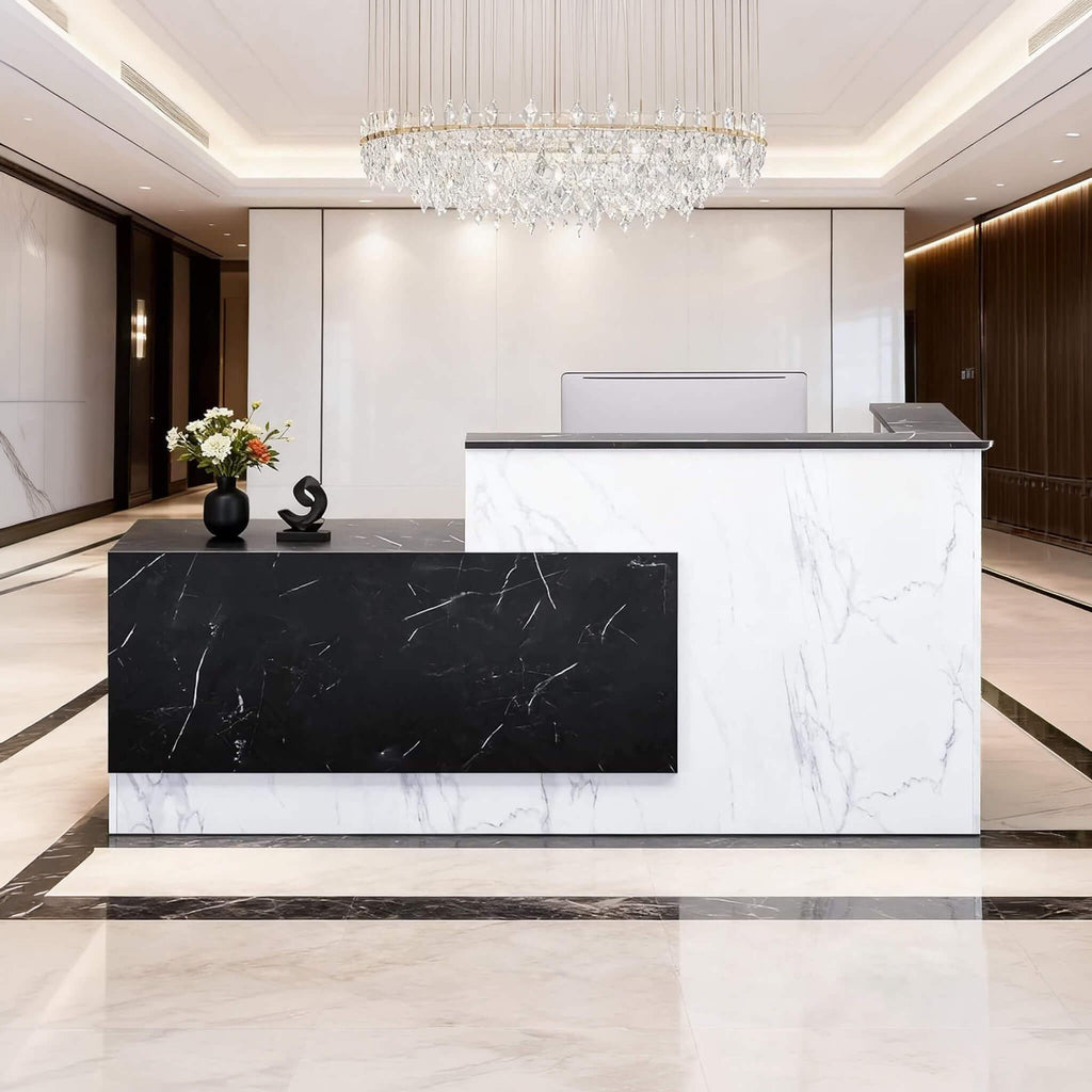 L-Shaped Modern Black And White Reception Desk With Lockable Drawers (SAK50729) - Saksby Wholesale - Lifestyle Image In Lobby Setting