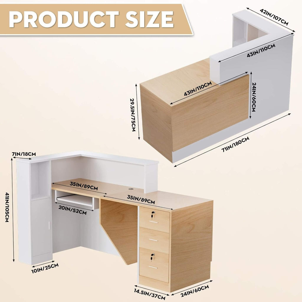 L-Shaped Modern Brown And White Reception Desk With Lockable Drawers (SAK26491) - Saksby Wholesale - Dimensions