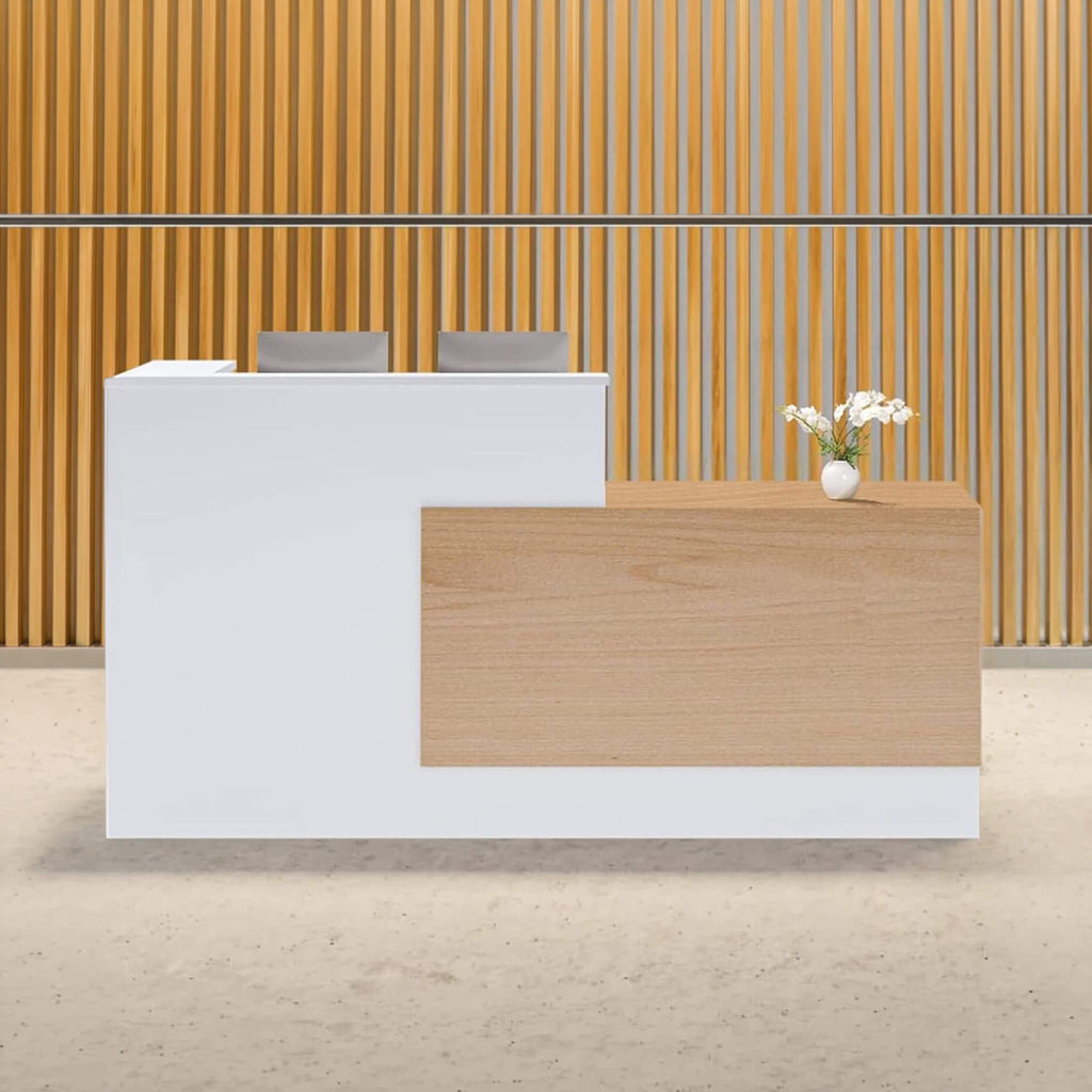 L-Shaped Modern Brown And White Reception Desk With Lockable Drawers (SAK26491) - Saksby Wholesale - Lifestyle Image In Lobby Setting