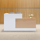 L-Shaped Modern Brown And White Reception Desk With Lockable Drawers (SAK26491) - Saksby Wholesale - Lifestyle Image In Lobby Setting