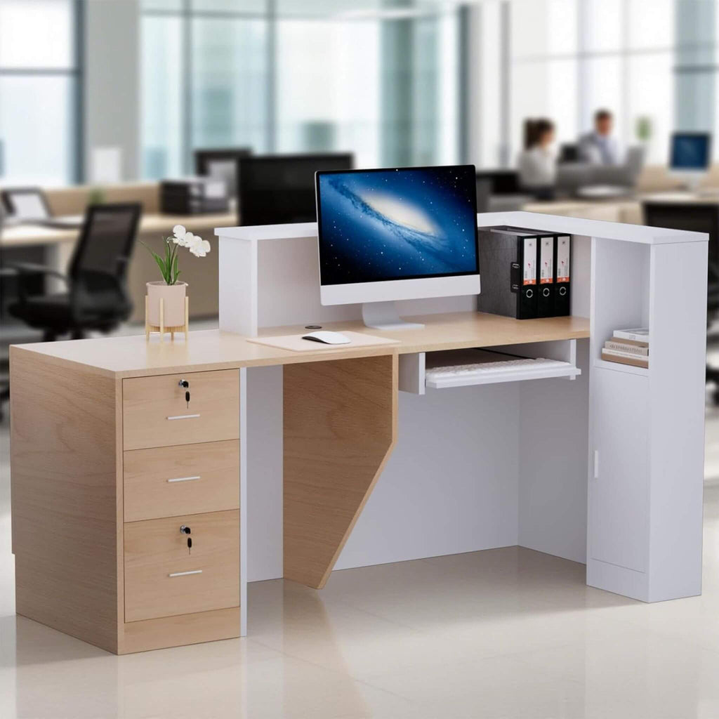 L-Shaped Modern Brown And White Reception Desk With Lockable Drawers (SAK26491) - Saksby Wholesale - Lifestyle Image In Office Setting