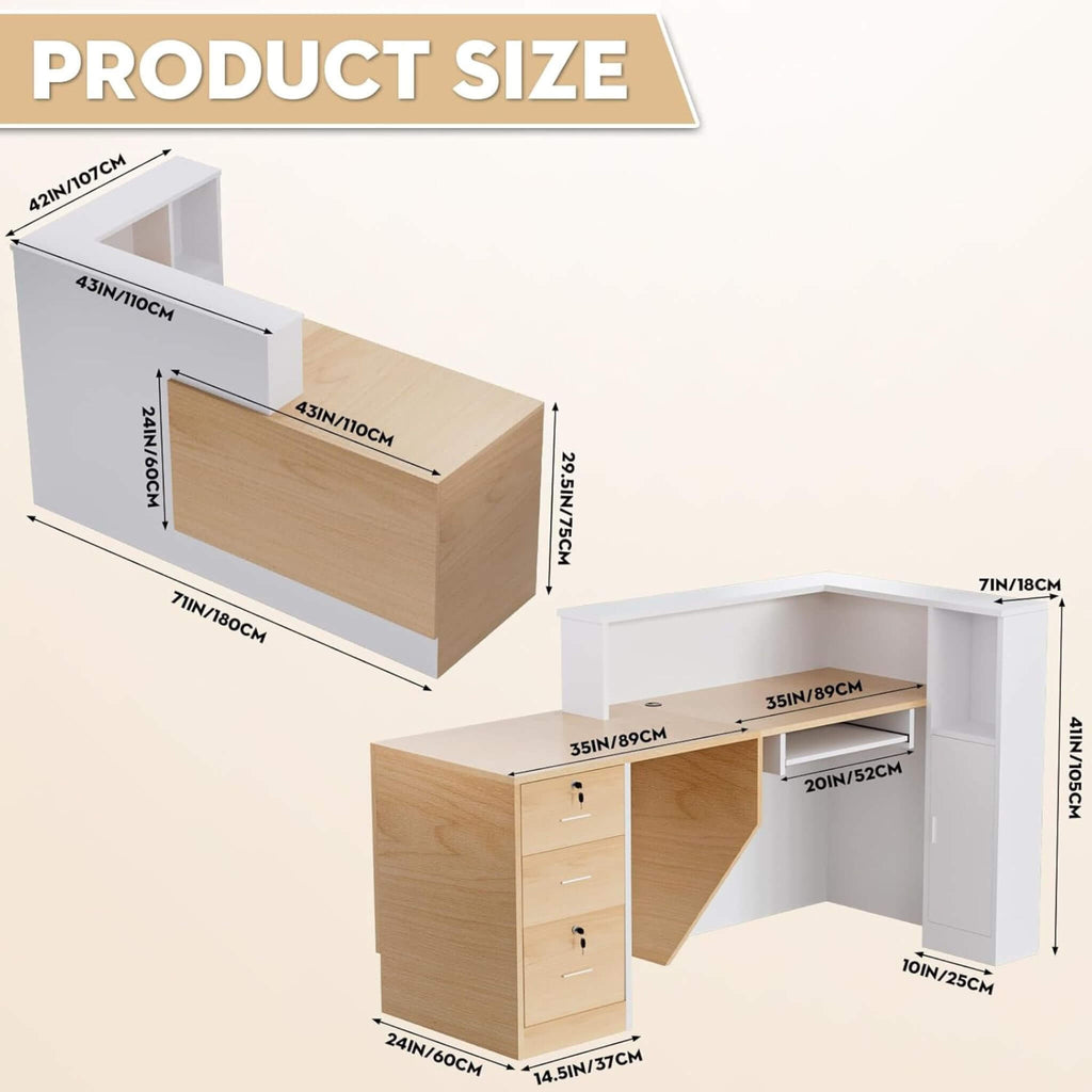 L-Shaped Modern Brown And White Reception Desk With Lockable Drawers (SAK26491) - Saksby Wholesale - Product Size