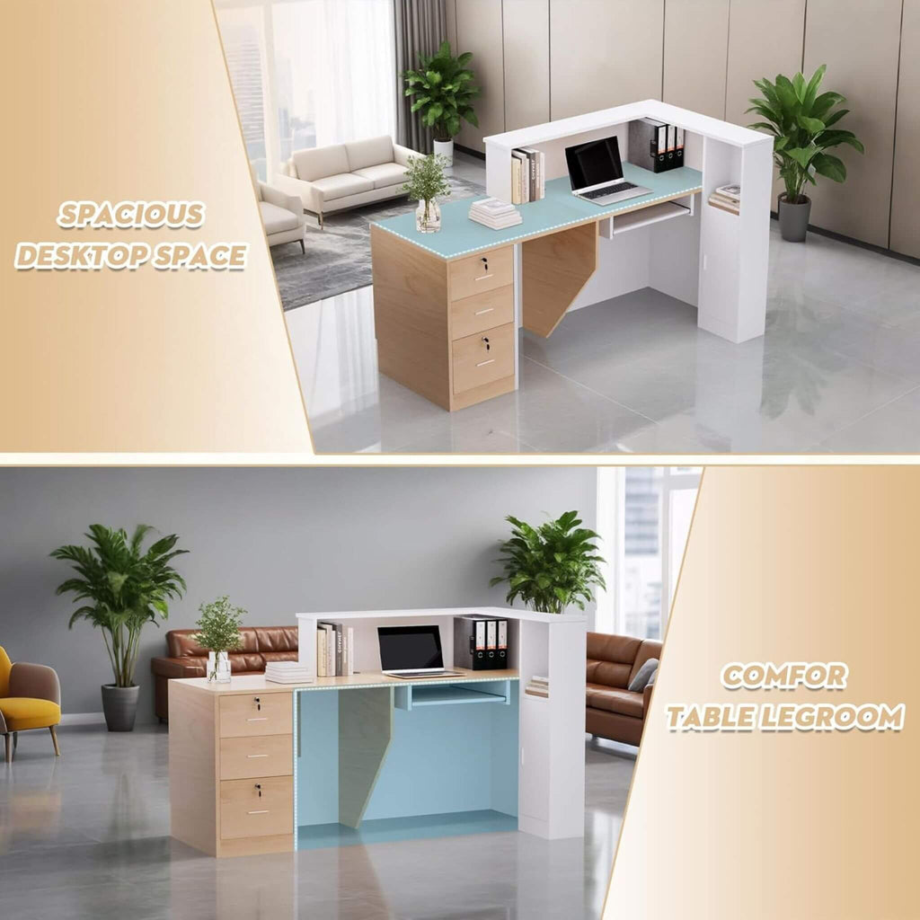 L-Shaped Modern Brown And White Reception Desk With Lockable Drawers (SAK26491) - Saksby Wholesale - Space and Leg Features