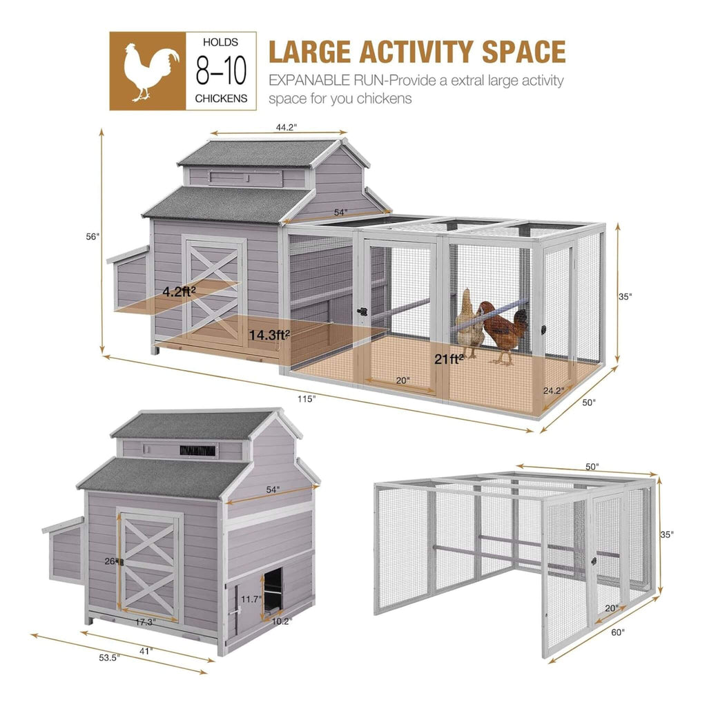 Large 115-Inch Portable Chicken Coop With Run And Nesting Boxes [8-10 Chickens] (SAK18263) - Saksby Wholesale - Dimensions